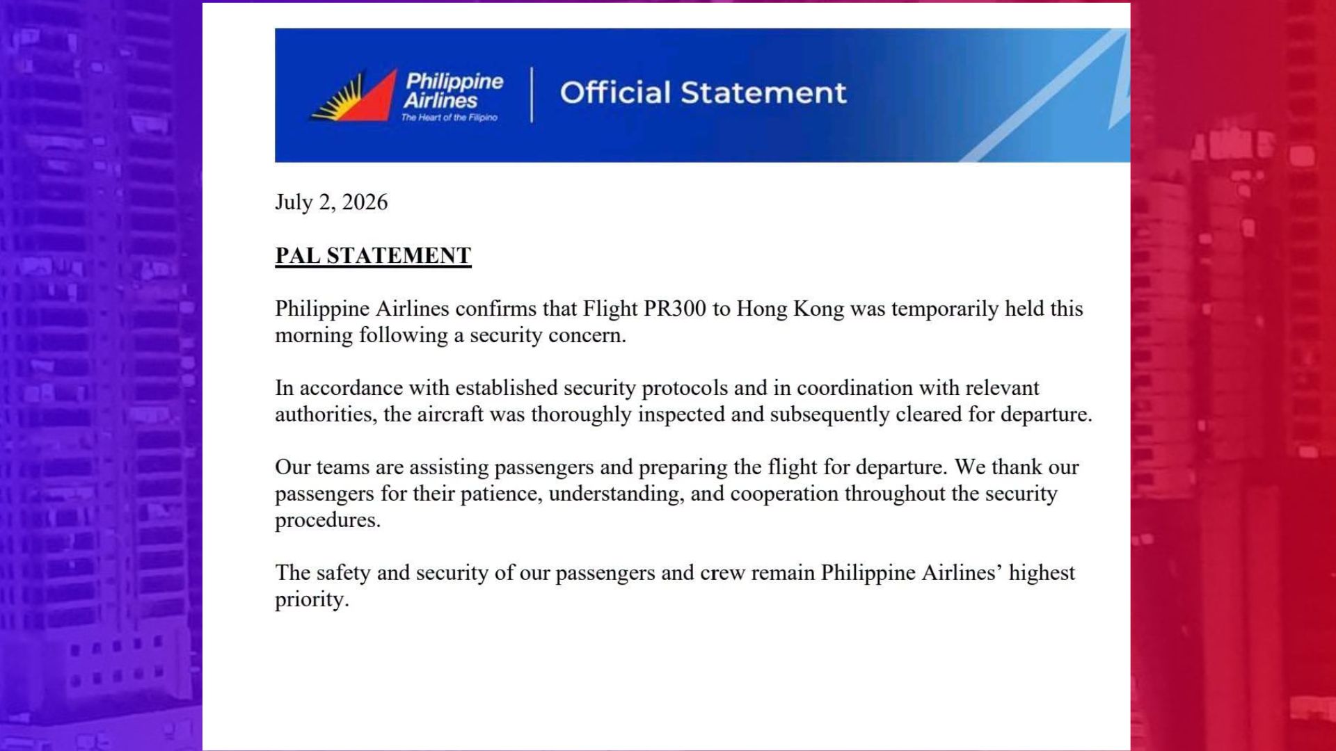 Eroplano ng PAL na nakaranas ng securitiy threat pinayagan nang makalipad