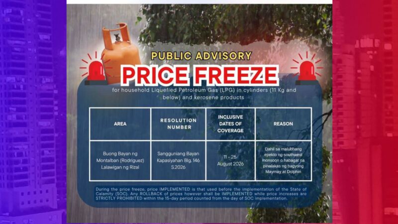 DOE ipinaalala ang pagpapatupad ng Price Freeze sa LPG sa mga lugar na nagdeklara ng State of Calamity