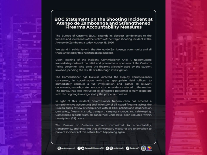 Customs Police na ama ng estudyanteng namaril sa Ateneo De Zamboanga suspendido na