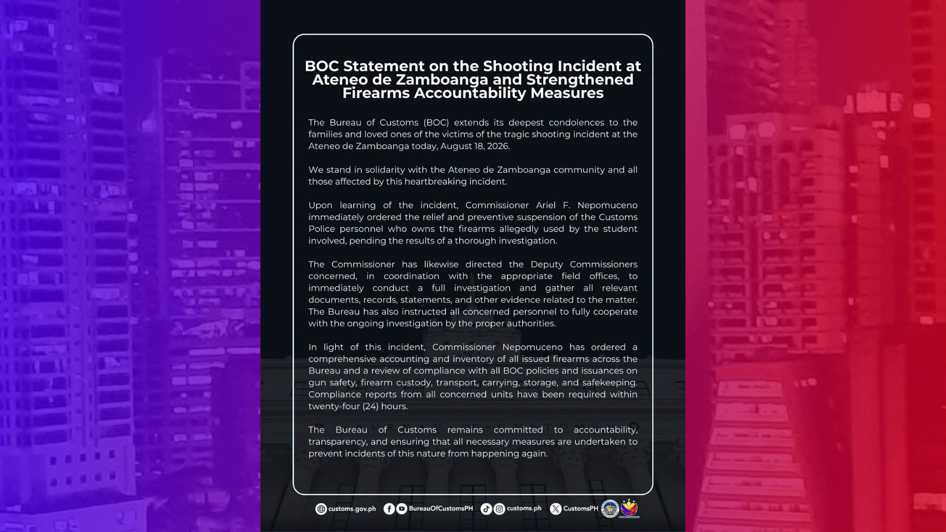 Customs Police na ama ng estudyanteng namaril sa Ateneo De Zamboanga suspendido na
