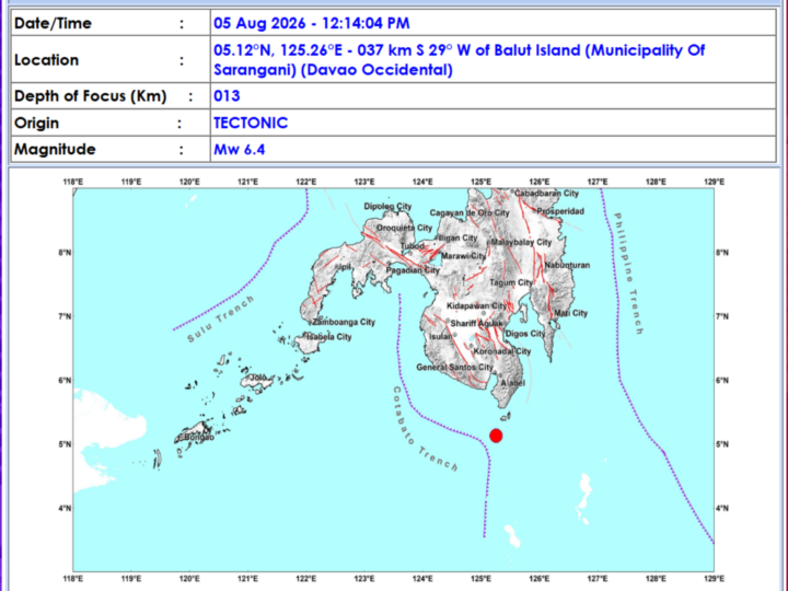 Magnitude 6.4 na lindol tumama sa Davao Occidental