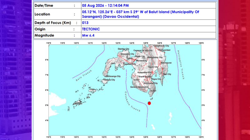 Magnitude 6.4 na lindol tumama sa Davao Occidental