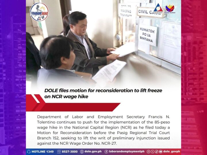 DOLE naghain ng apela sa korte sa hinarang na wage increase sa Metro Manila