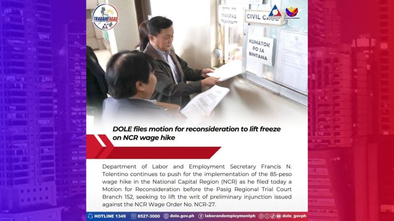 DOLE naghain ng apela sa korte sa hinarang na wage increase sa Metro Manila
