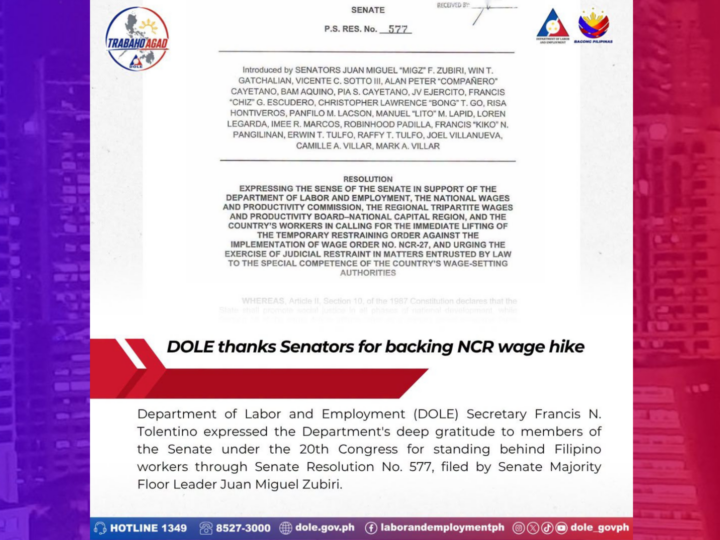 DOLE nagpasalamat sa mga senador sa pagsuporta sa NCR wage hike