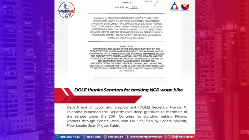 DOLE nagpasalamat sa mga senador sa pagsuporta sa NCR wage hike