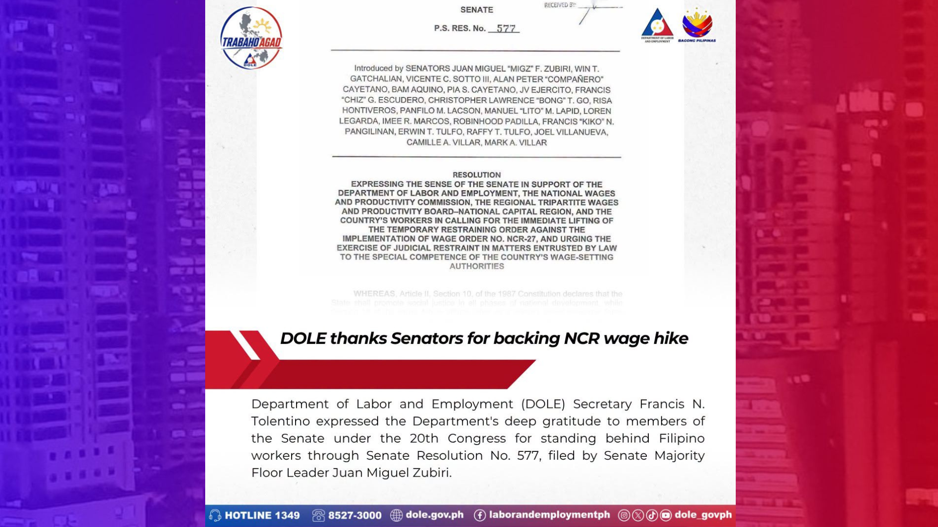 DOLE nagpasalamat sa mga senador sa pagsuporta sa NCR wage hike