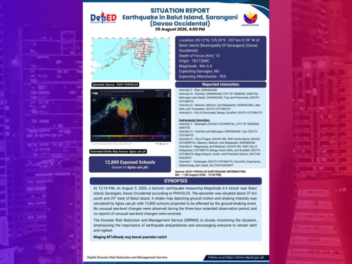 Mga paaralan sa lugar na naapektuhan ng magnitude 6.4 na lindol minomonitor ng DepEd