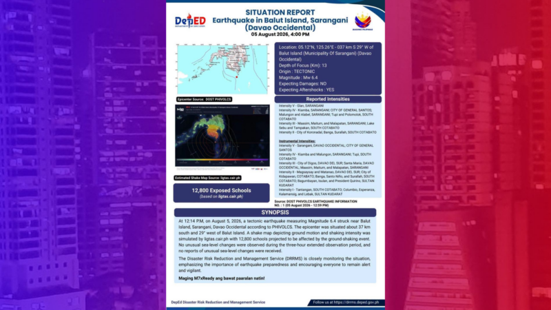Mga paaralan sa lugar na naapektuhan ng magnitude 6.4 na lindol minomonitor ng DepEd