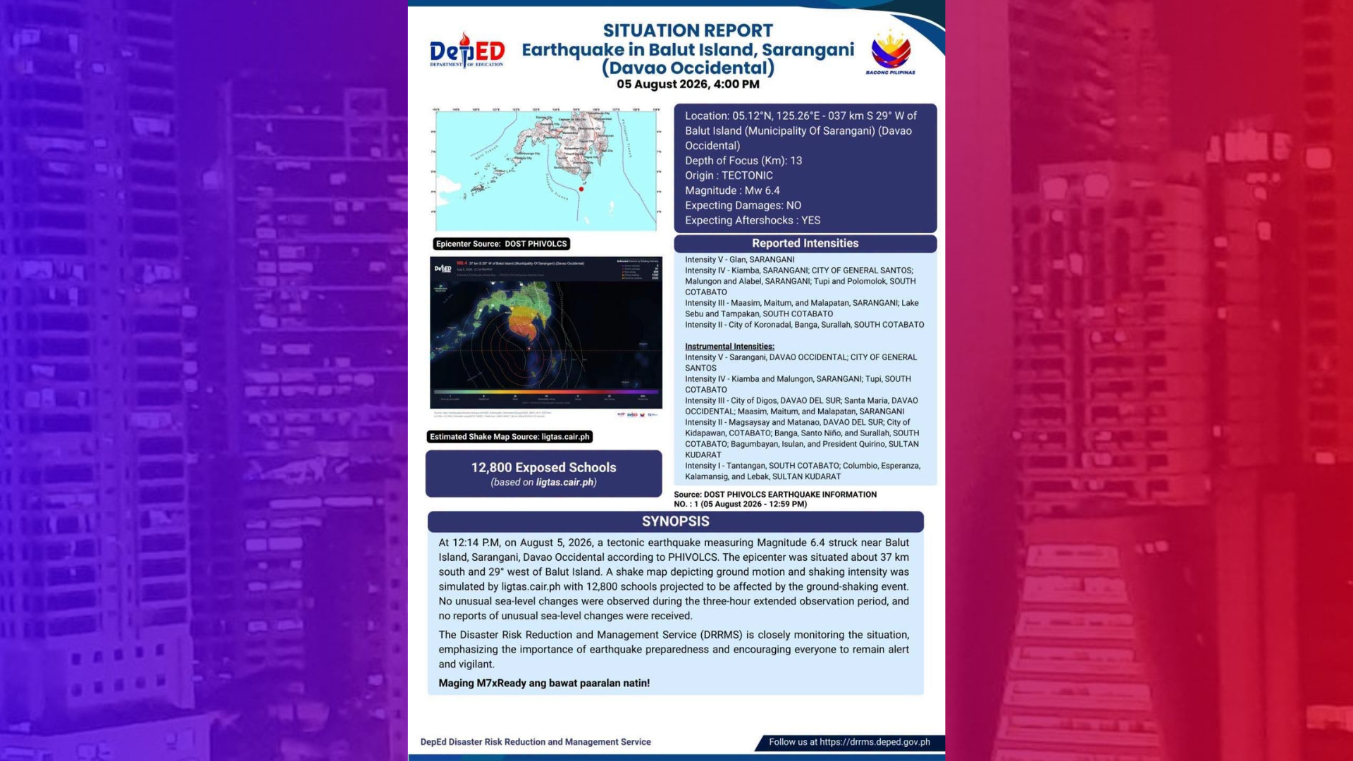 Mga paaralan sa lugar na naapektuhan ng magnitude 6.4 na lindol minomonitor ng DepEd
