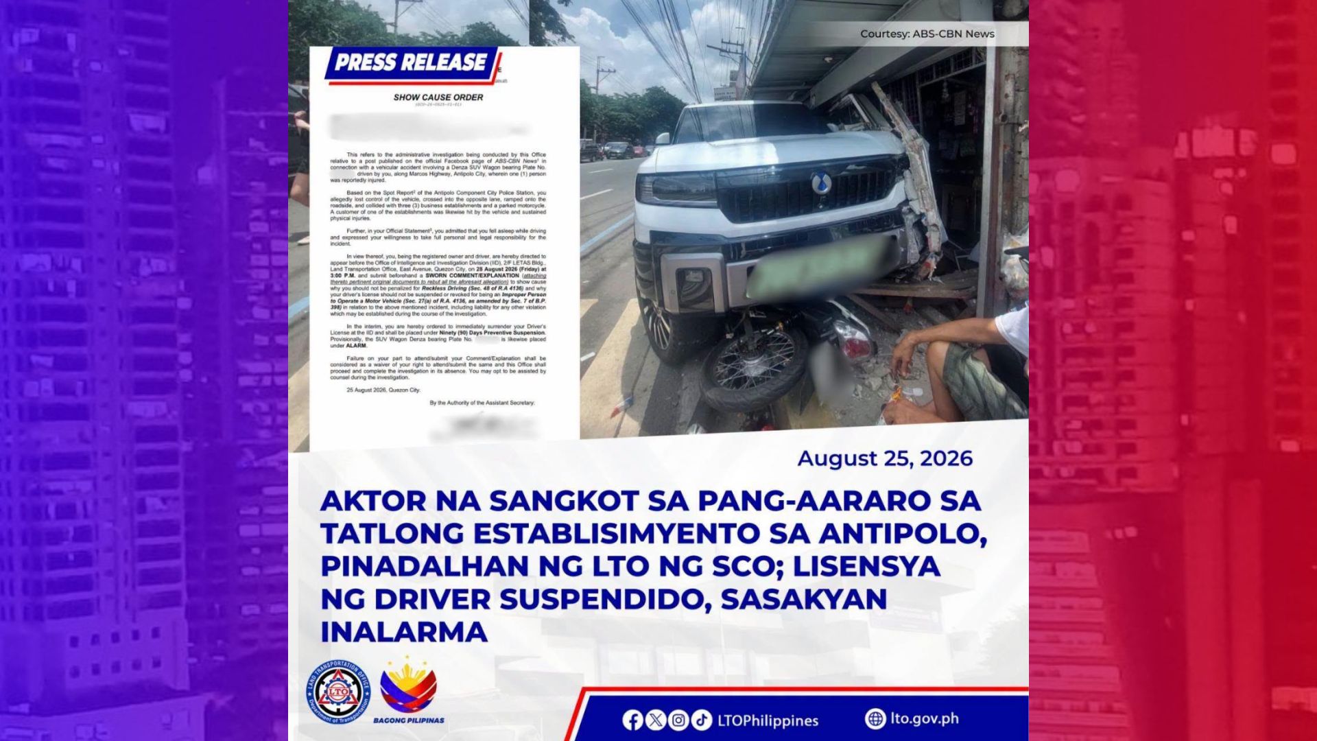 Driver’s license ni Niño Muhlach pinatawan ng preventive suspension ng LTO