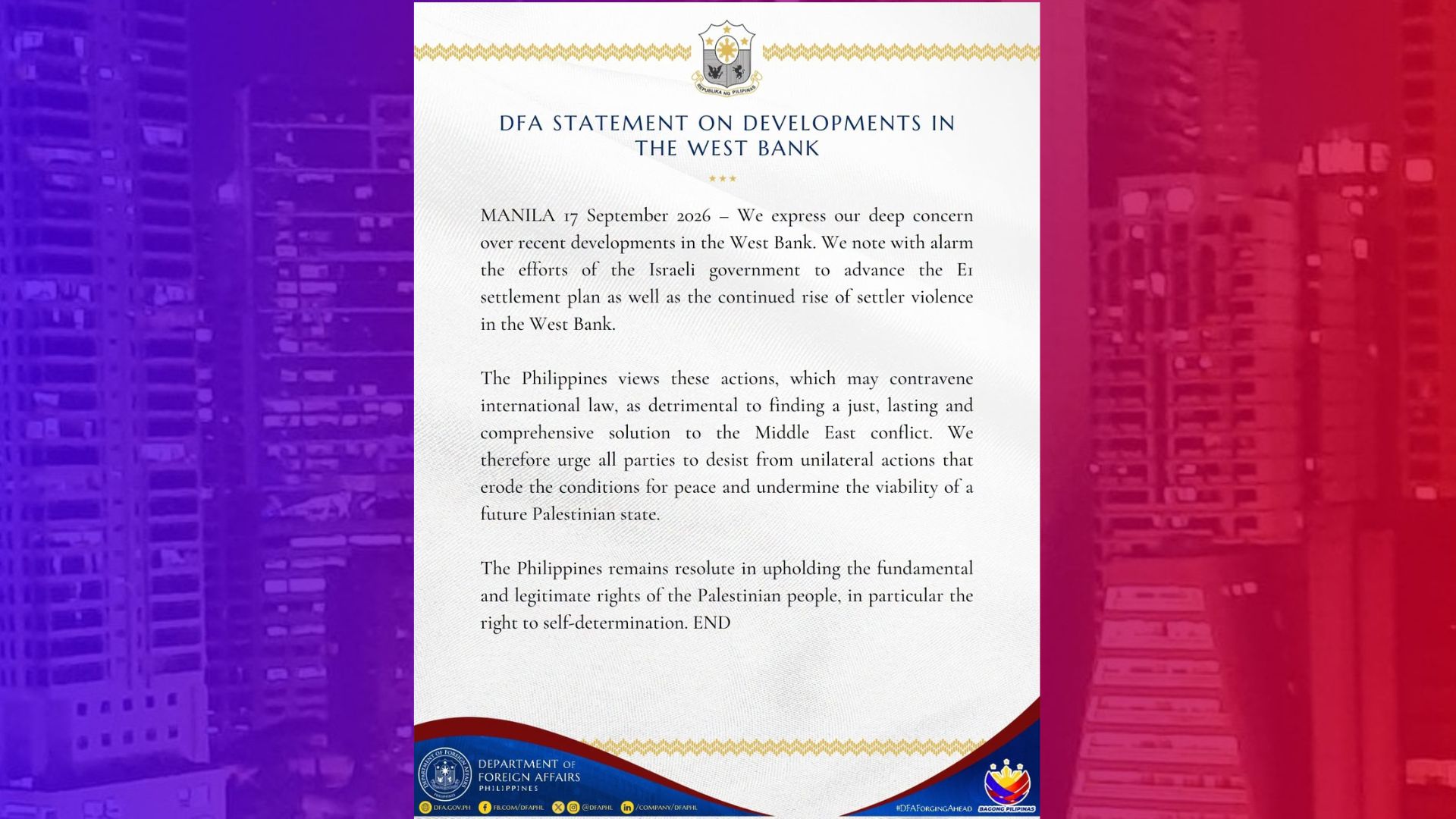 Settlement plan ng Israel sa West Bank labag sa International Law – DFA