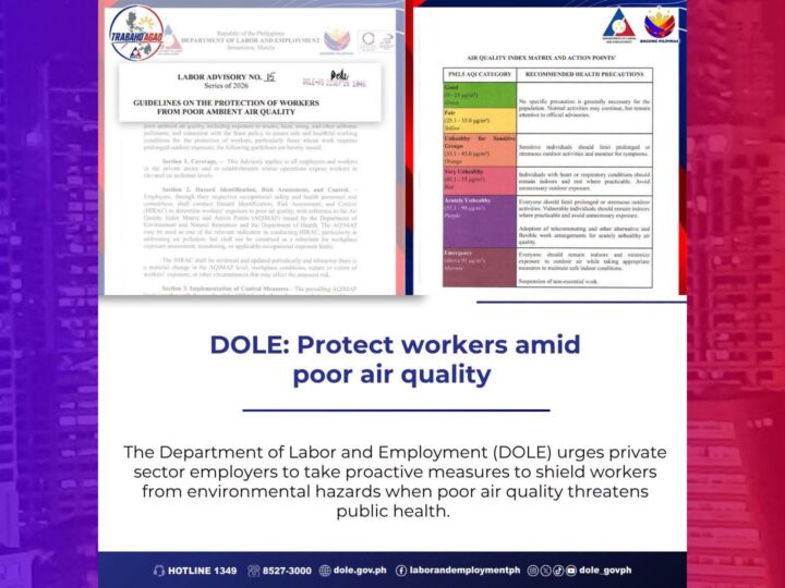 DOLE naglabas ng guidelines sa pagsuspinde ng trabaho sa pribadong sektor kapag hindi maganda ang kalidad ng hangin