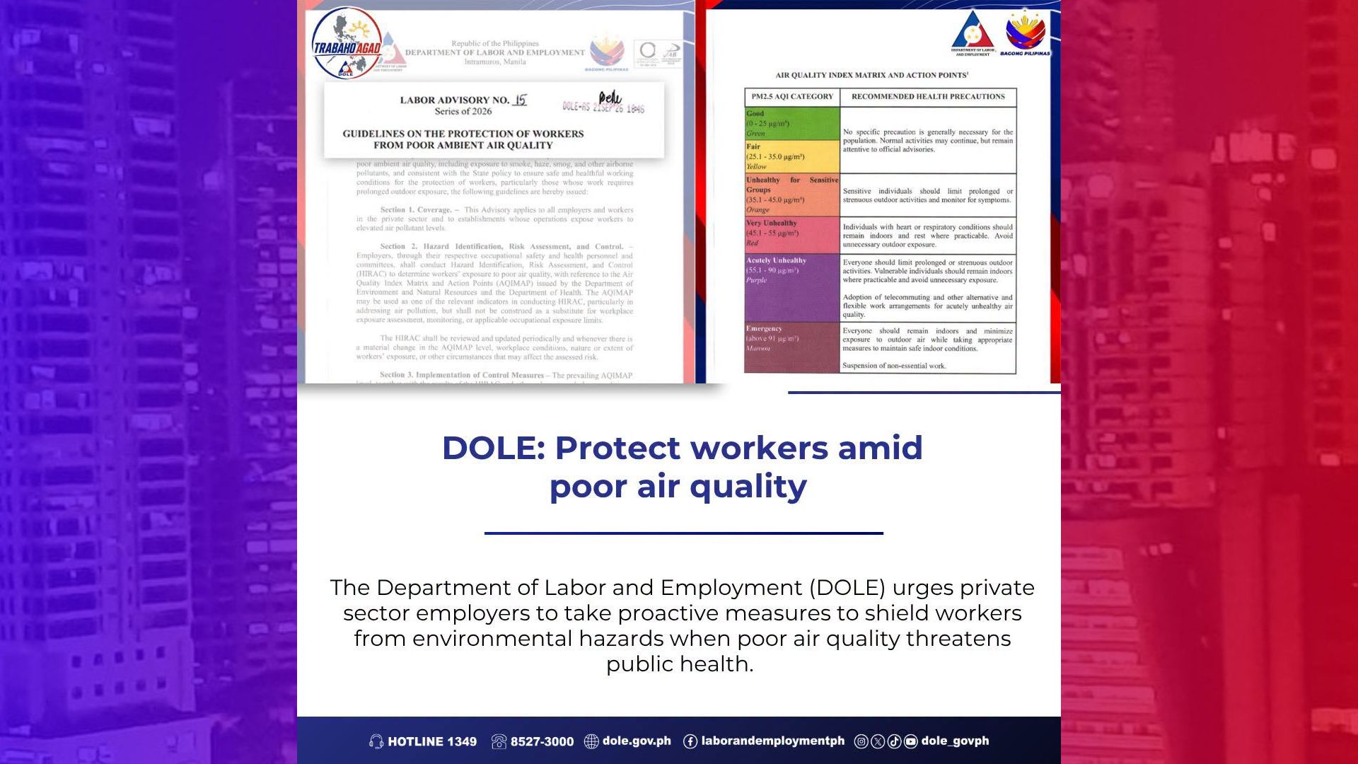 DOLE naglabas ng guidelines sa pagsuspinde ng trabaho sa pribadong sektor kapag hindi maganda ang kalidad ng hangin