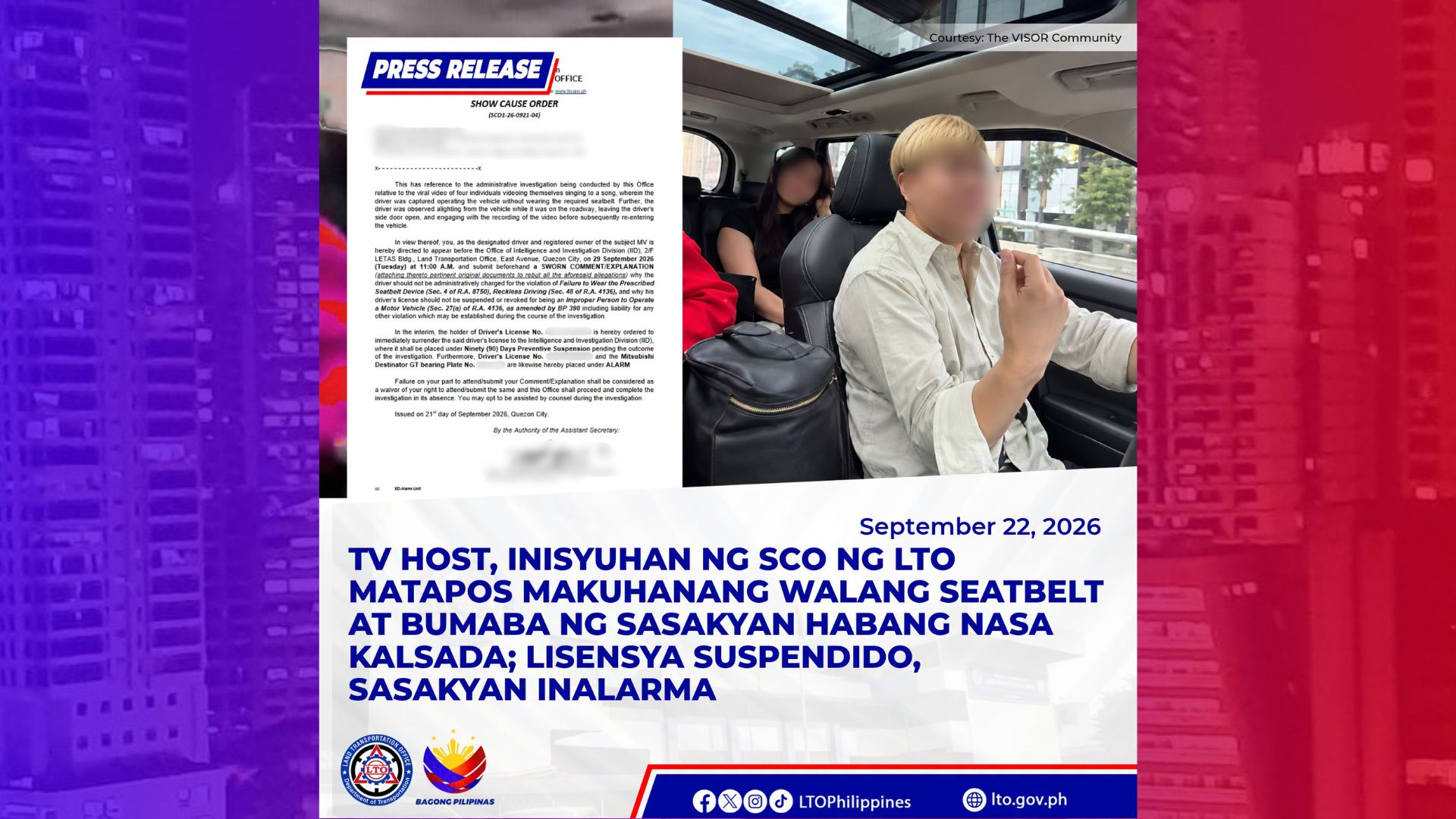 Eat Bulaga Host inisyuhan ng show cause order ng LTO dahil sa pagmamaneho ng walang seat belt