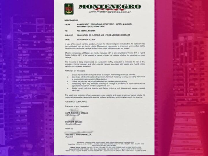 Electric at hybrid vehicles bawal munang isakay sa mga barko ng Montenegro Shipping Lines