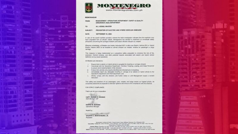 Electric at hybrid vehicles bawal munang isakay sa mga barko ng Montenegro Shipping Lines