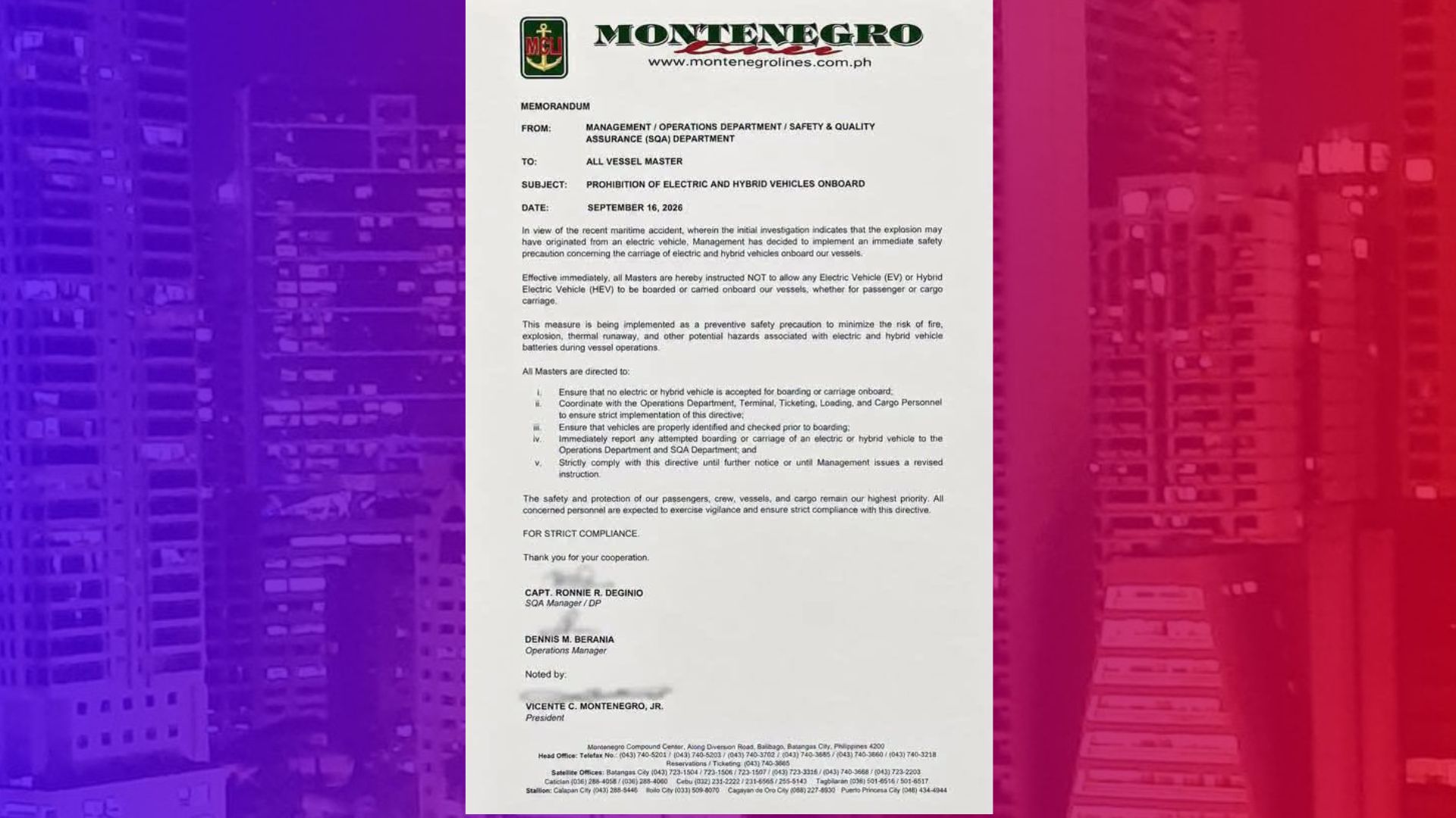 Electric at hybrid vehicles bawal munang isakay sa mga barko ng Montenegro Shipping Lines