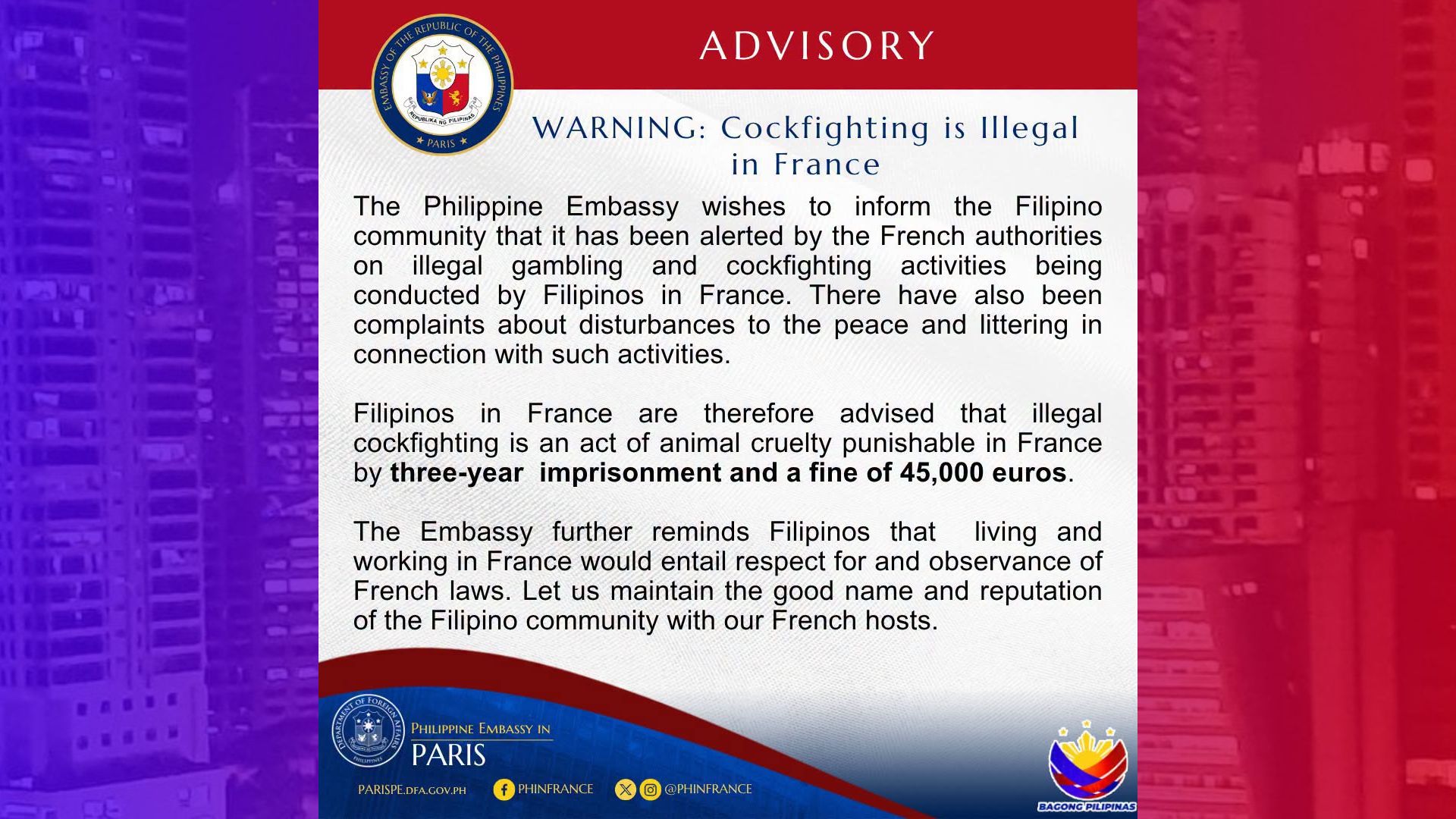 Mga Pinoy na nagsasabong sa France inireklamo sa otoridad