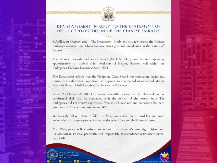 Pilipinas pumalag sa pamimilit ng China na may hurisdiksyon ito sa karagatan ng Batanes