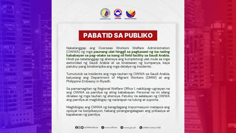 Ulat sa pagkamatay ng Pinoy sa isang pag-atake sa Saudi Arabia inaalam ng OWWA