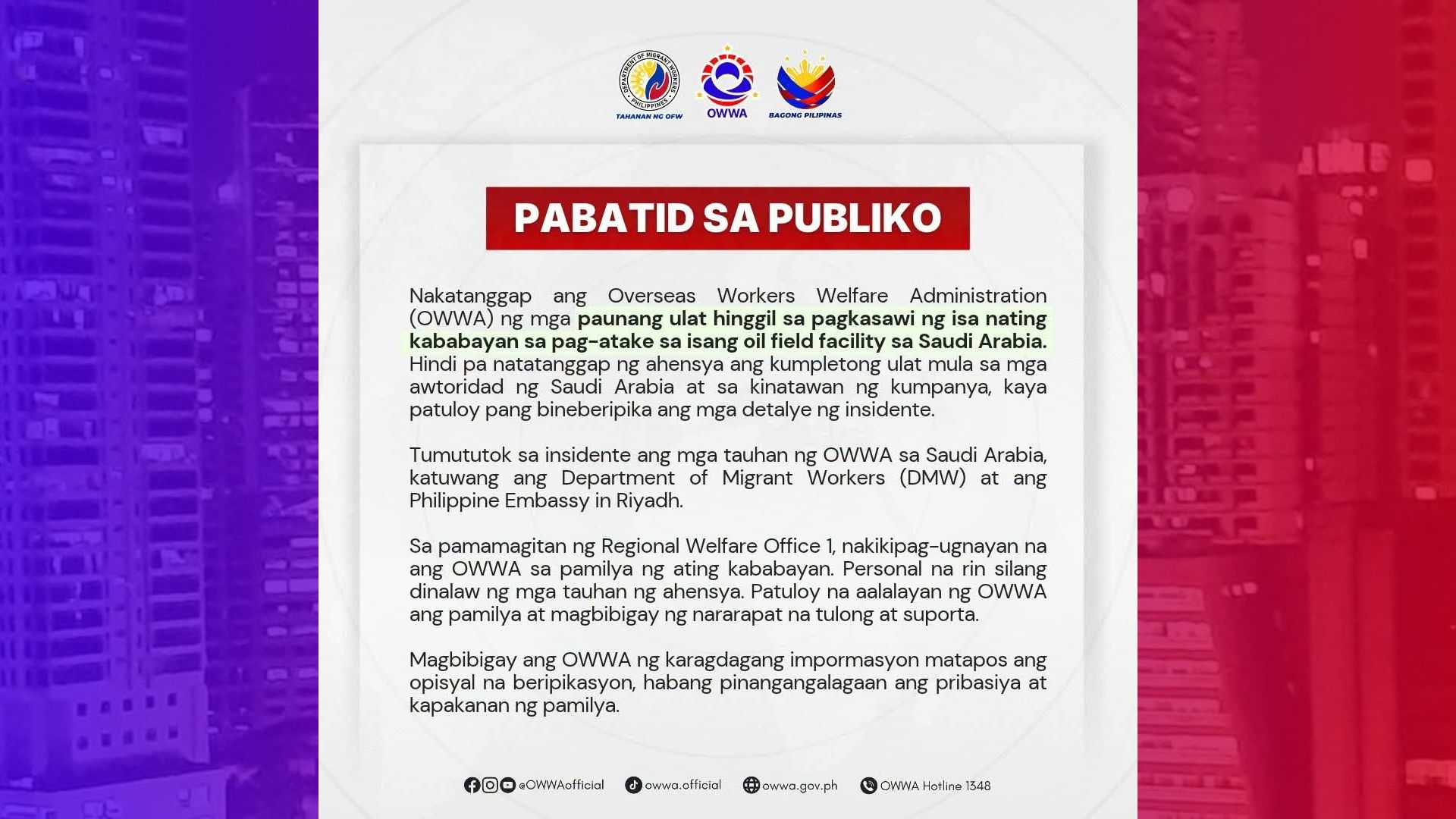 Ulat sa pagkamatay ng Pinoy sa isang pag-atake sa Saudi Arabia inaalam ng OWWA