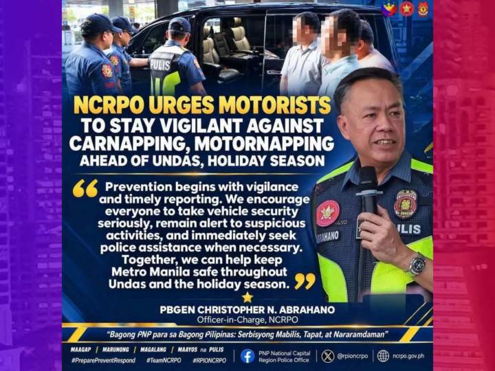 Motorista binalaan ng NCRPO laban sa carnapping at motornapping bago ang Undas at holiday season