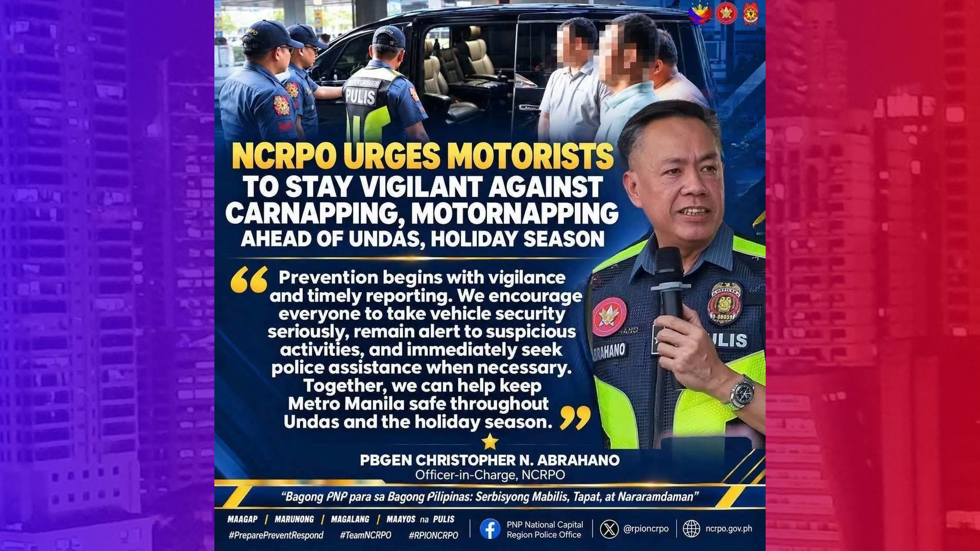 Motorista binalaan ng NCRPO laban sa carnapping at motornapping bago ang Undas at holiday season