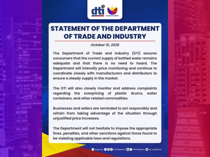 Suplay ng bottled water sapat pa; DTI nagbabala kontra overpricing