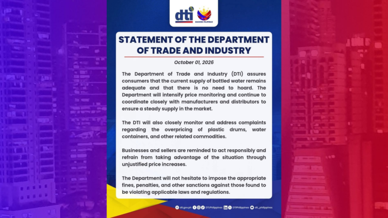 Suplay ng bottled water sapat pa; DTI nagbabala kontra overpricing